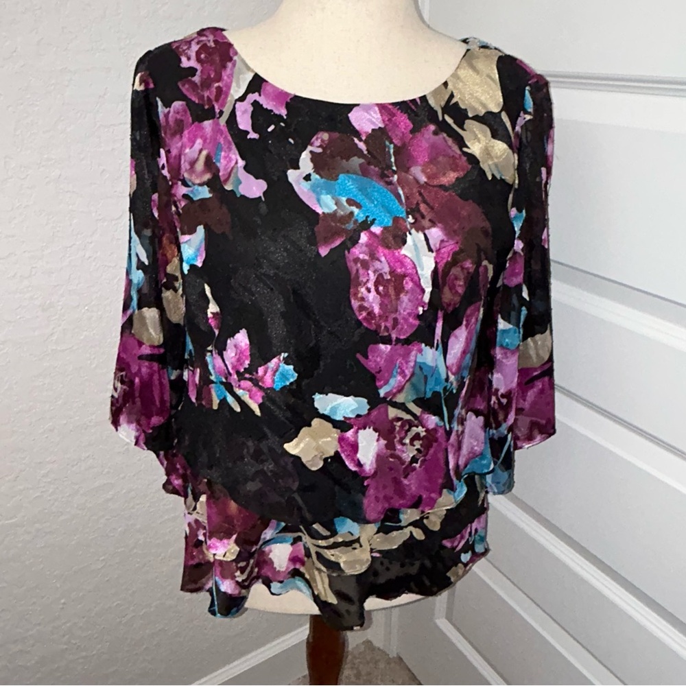 Alex Evenings Floral Print Tier Blouse Shirt Top